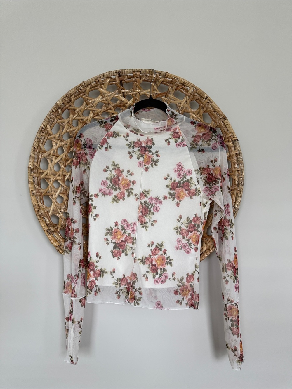 Jade by Jane Women's Cream Floral Mesh Top - Pink Rose Print